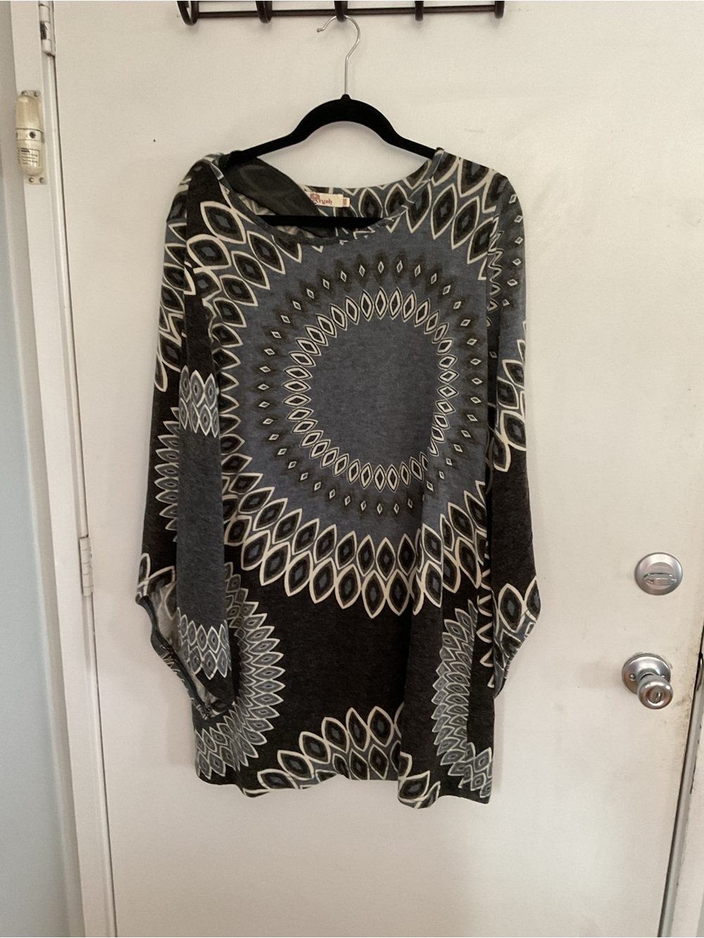 Aryeh Grey and White Geometric Poncho Sweater